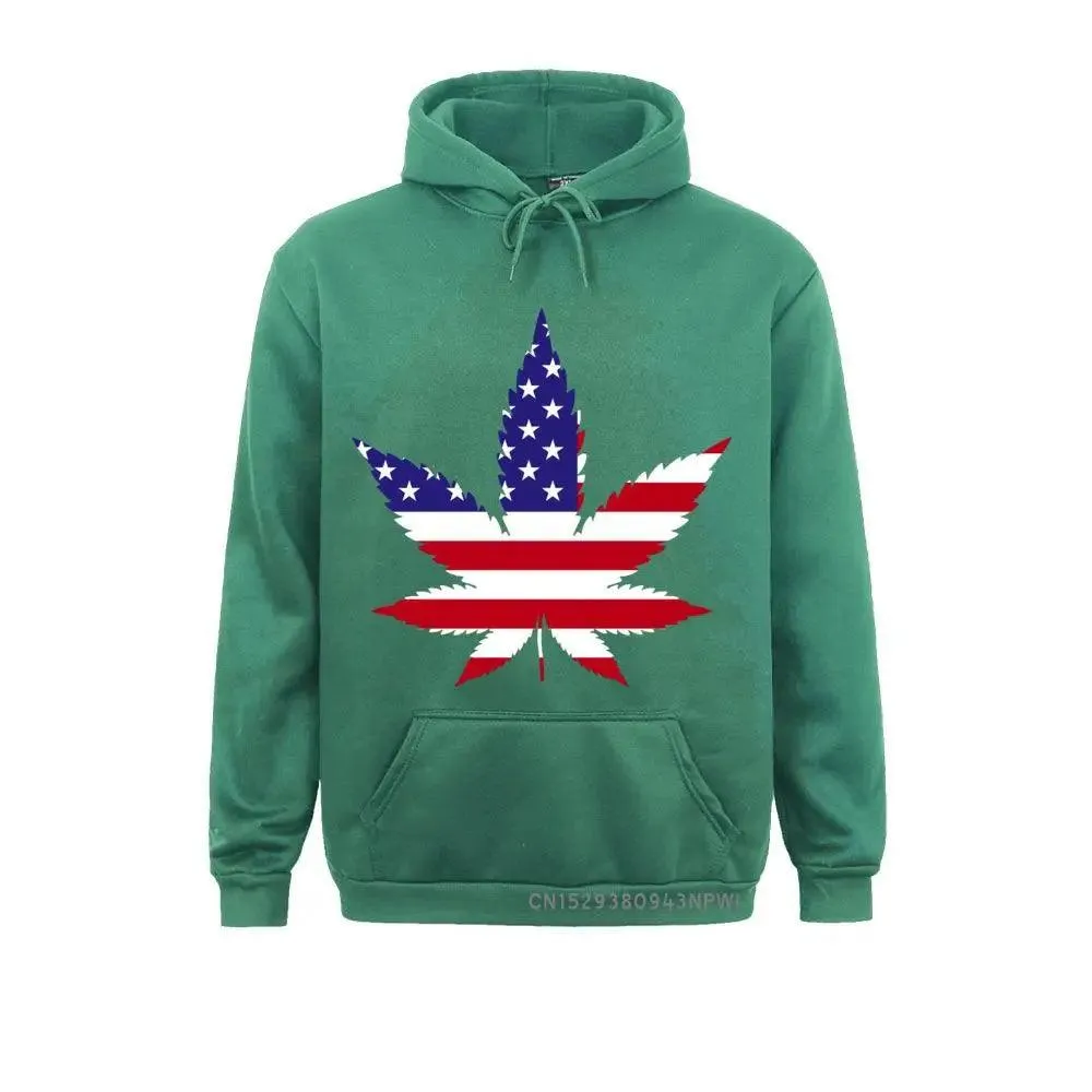 American Flag Weed Leaf Hemp Leaves Patriotic Pot Funny Hoodie For Man Woman Winter Pocket USA Costume Sweatshirt Tee