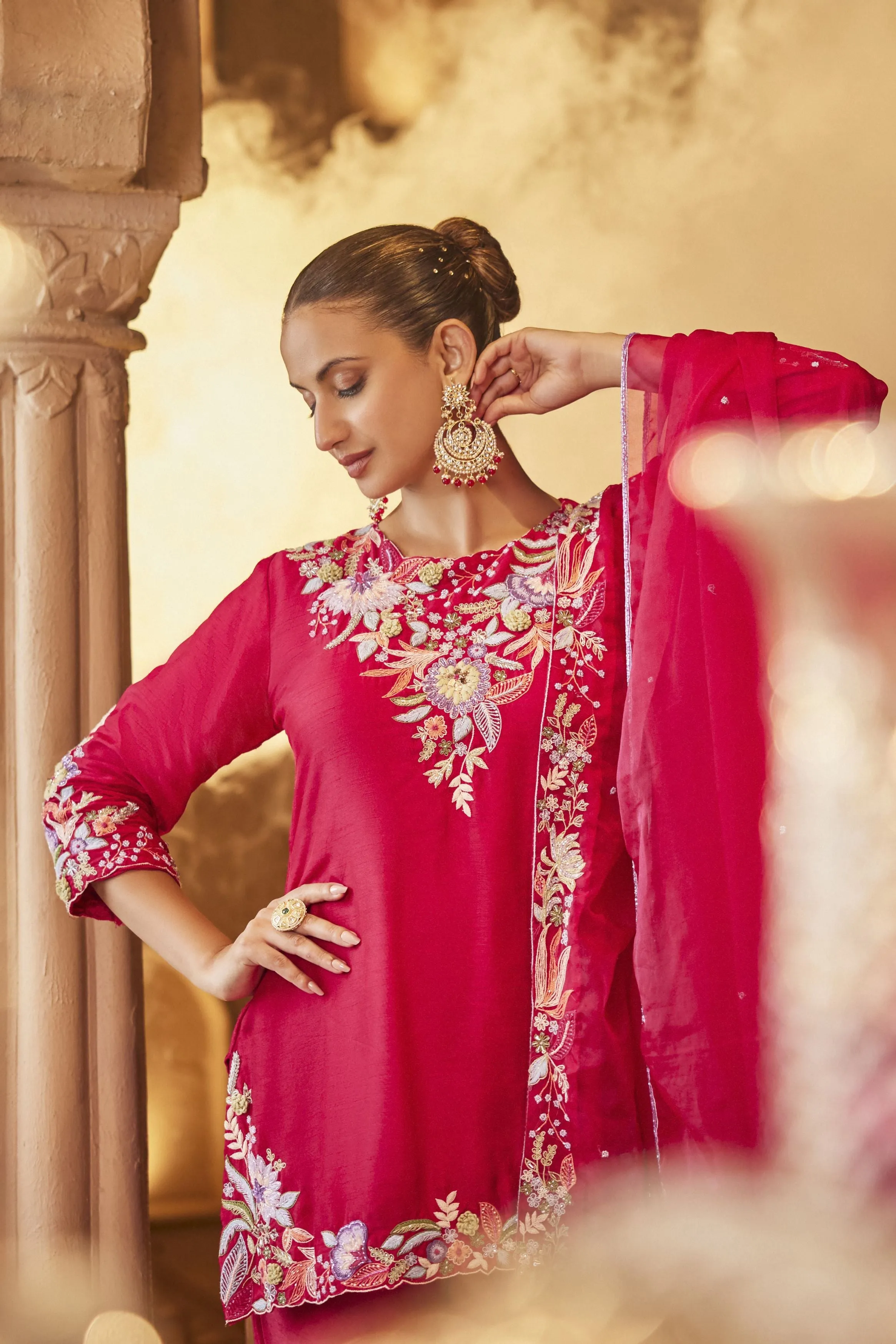 Cherry Red Embroidered Raw Silk Kurta Pant Set