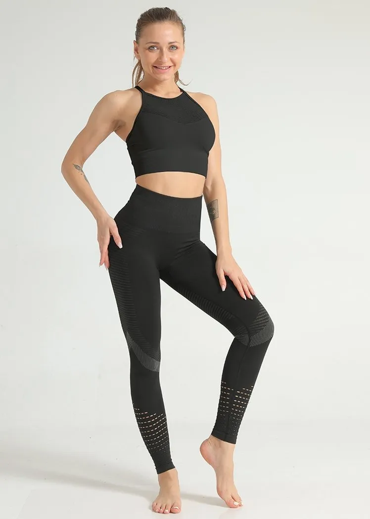 Chicvane Hollow Mesh Camisole Yoga Bra Stretchy High Waisted Gym Leggings Yoga Outfit Sets