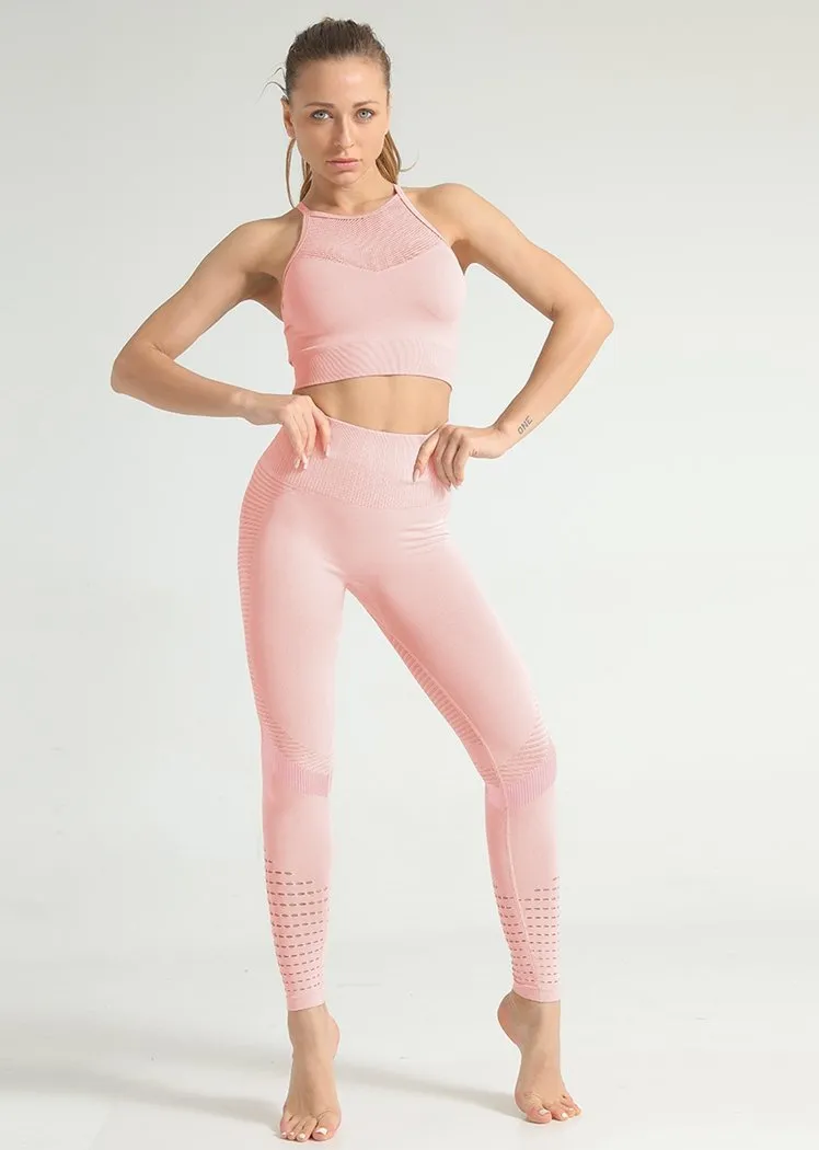 Chicvane Hollow Mesh Camisole Yoga Bra Stretchy High Waisted Gym Leggings Yoga Outfit Sets