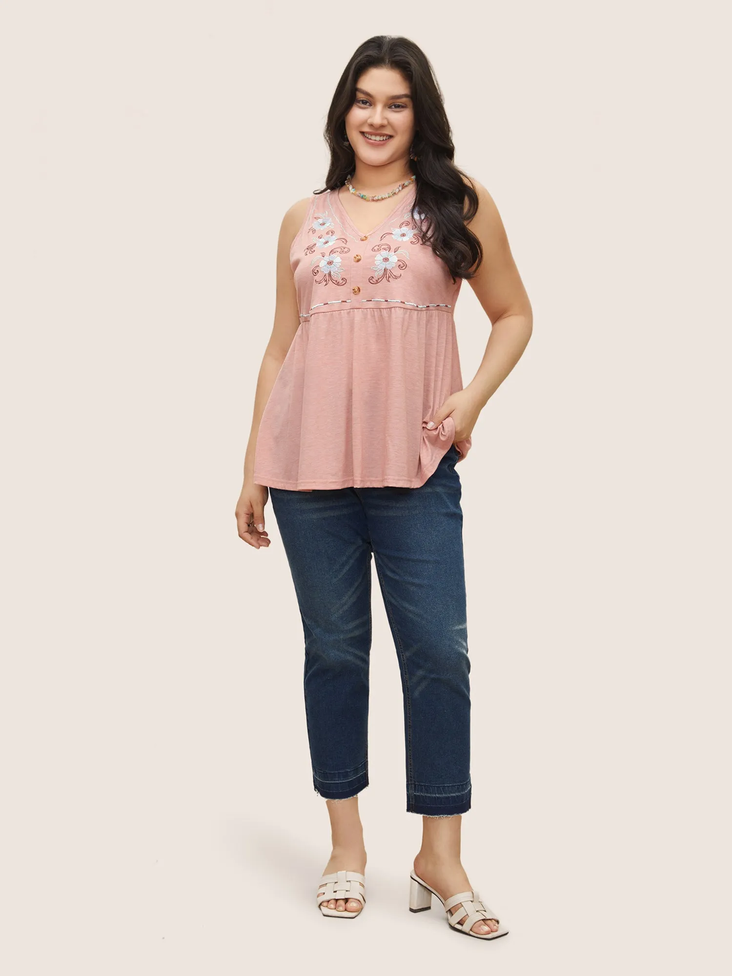 Floral Embroidered Button Detail Tank Top