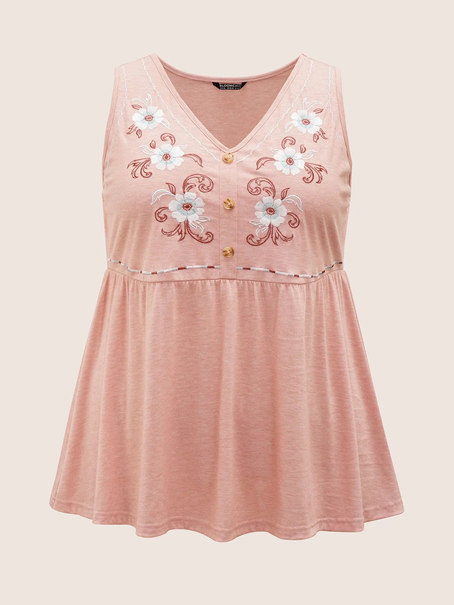 Floral Embroidered Button Detail Tank Top
