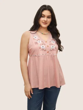 Floral Embroidered Button Detail Tank Top