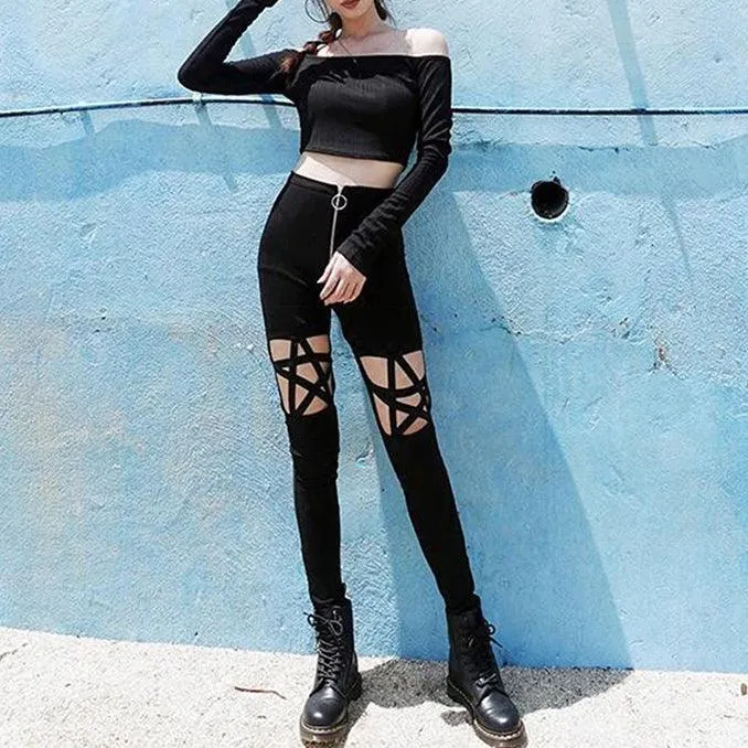 Gothic Petagram Cutout High Waist Tights, Sexy Zipper Leggings For Women