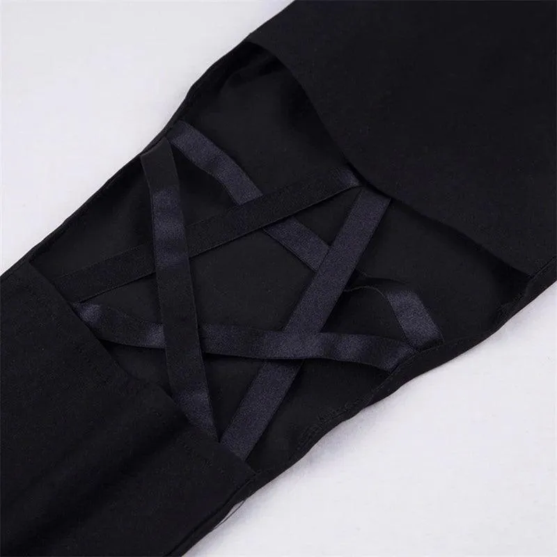Gothic Petagram Cutout High Waist Tights, Sexy Zipper Leggings For Women