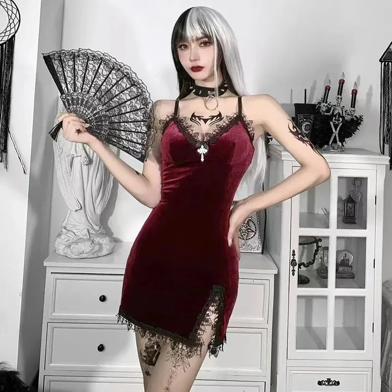 High Slit Waist Dark Velvet Cross Black Gothic 2024 Vintage Spaghetti Strap Sexy Dress
