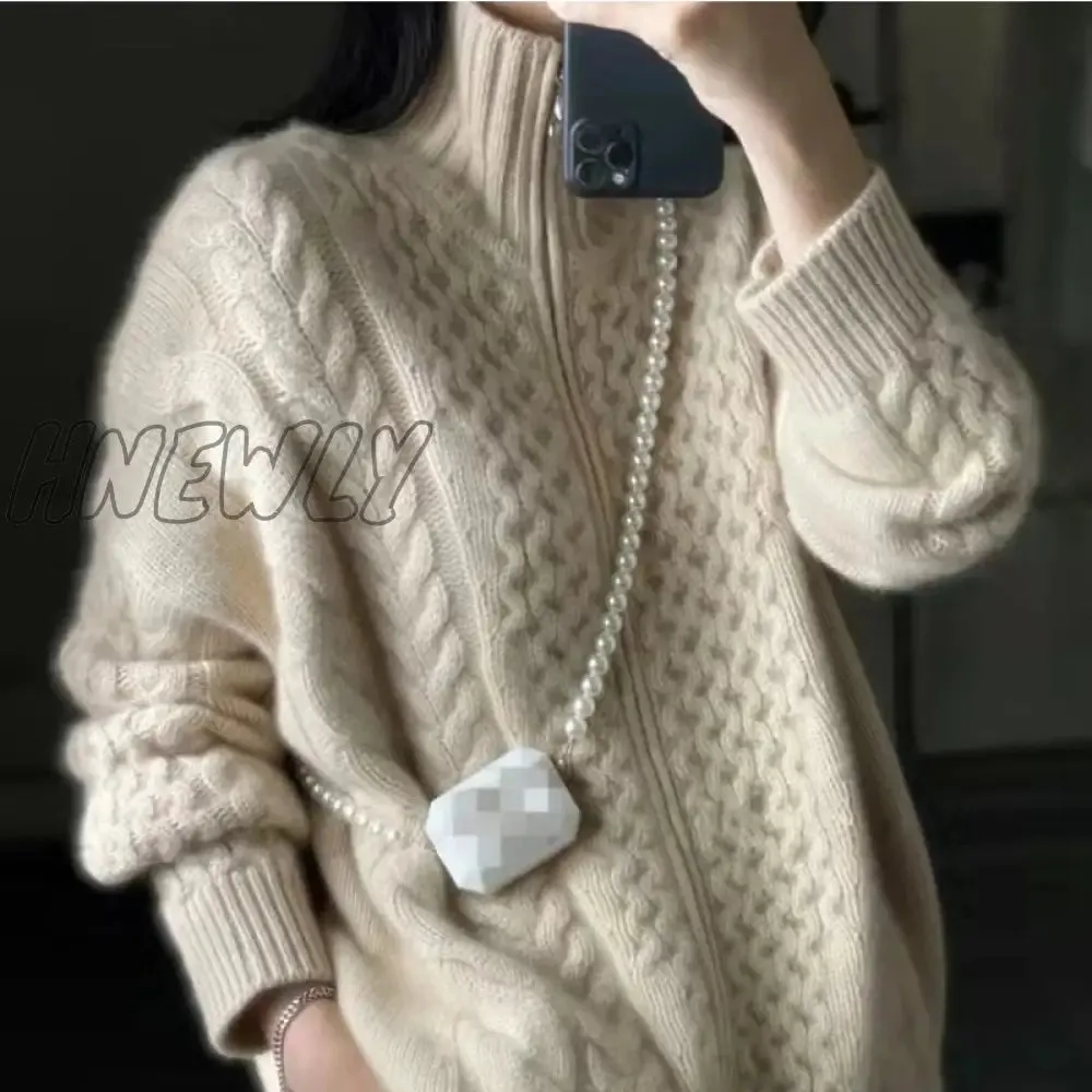 Hnewly Autumn and Winter Thick High-necked Cashmere Knitted Cardigan Woman Loose Thin Zipper Sweater Coat Wool Coat