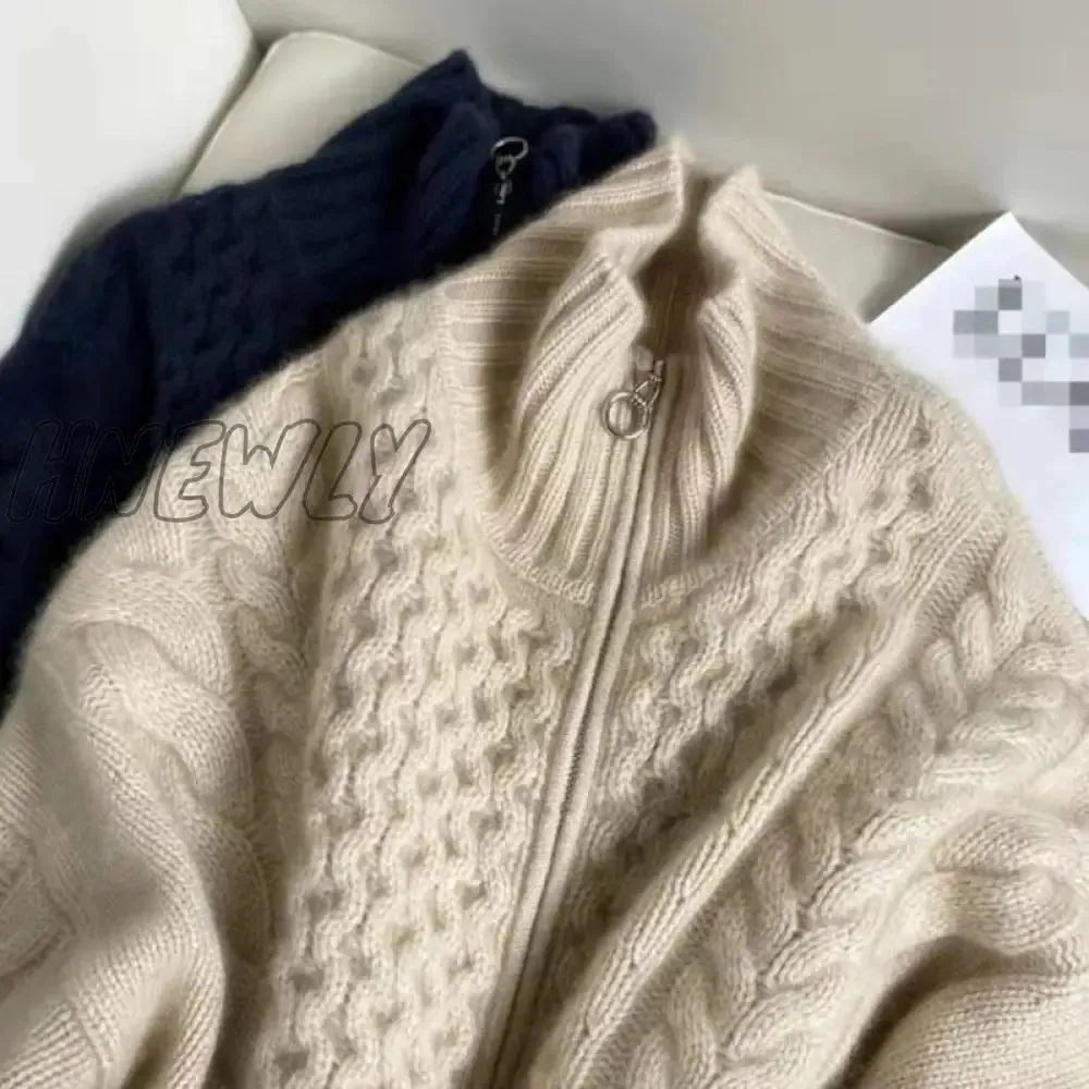 Hnewly Autumn and Winter Thick High-necked Cashmere Knitted Cardigan Woman Loose Thin Zipper Sweater Coat Wool Coat