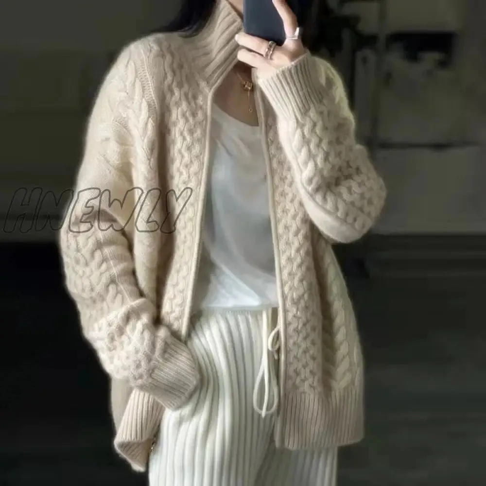 Hnewly Autumn and Winter Thick High-necked Cashmere Knitted Cardigan Woman Loose Thin Zipper Sweater Coat Wool Coat