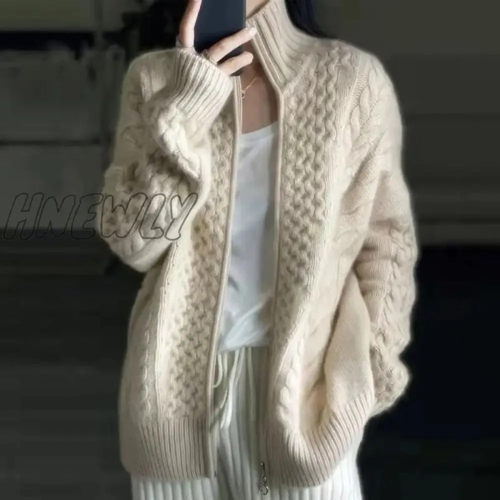 Hnewly Autumn and Winter Thick High-necked Cashmere Knitted Cardigan Woman Loose Thin Zipper Sweater Coat Wool Coat