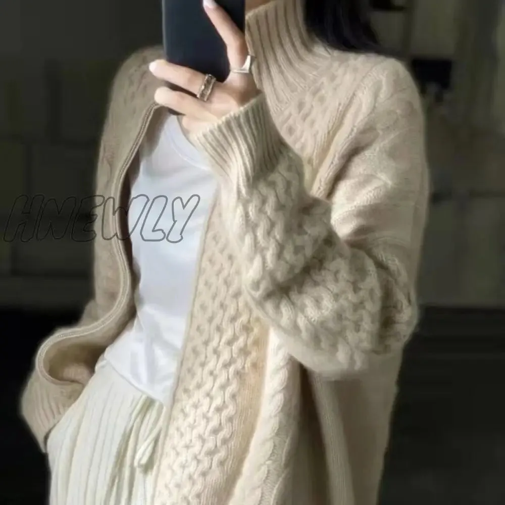 Hnewly Autumn and Winter Thick High-necked Cashmere Knitted Cardigan Woman Loose Thin Zipper Sweater Coat Wool Coat