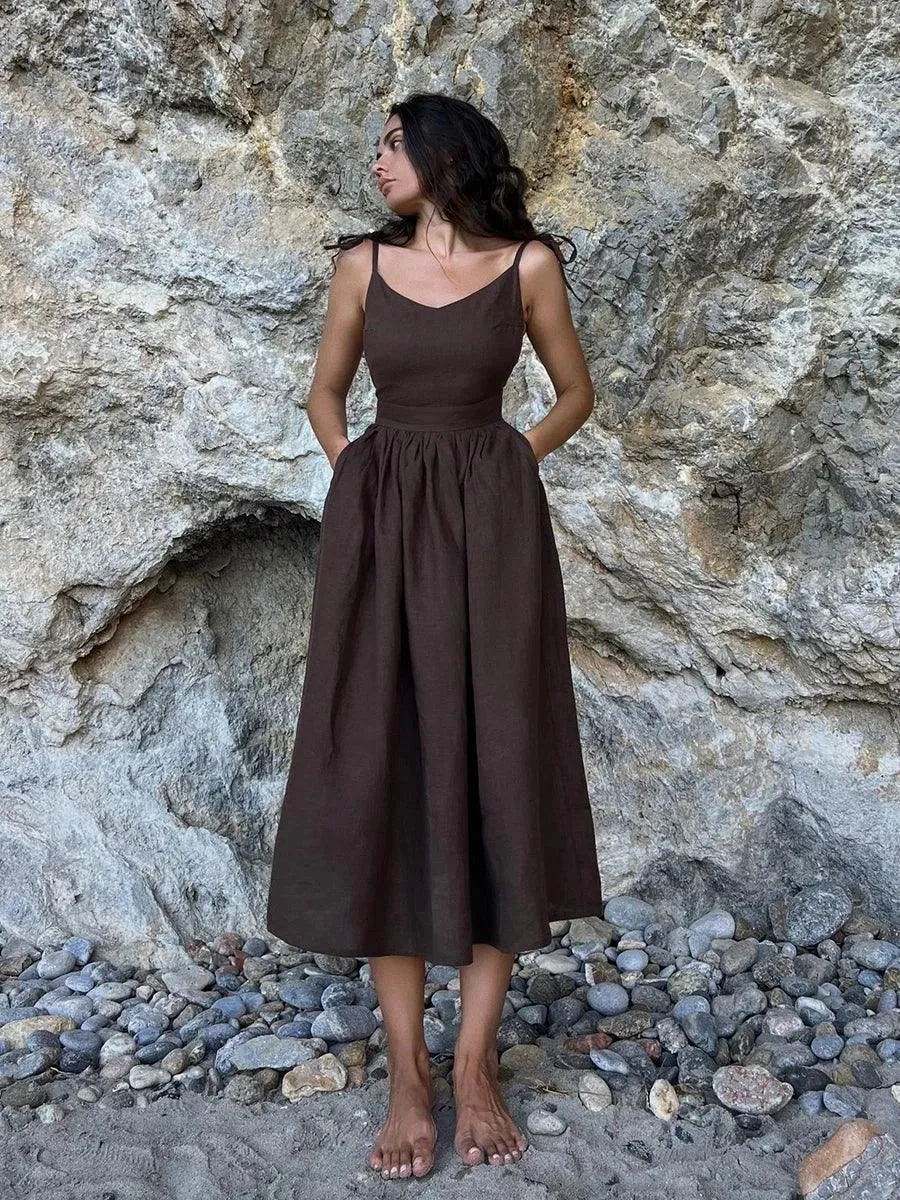 Spring Summer Beach Style Women Dress Vintage Loose A-line Sling Dress Hot Girl 100% Cotton V-neck Dress