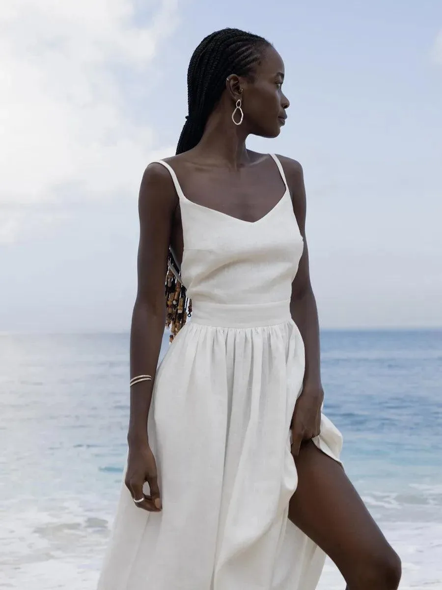 Spring Summer Beach Style Women Dress Vintage Loose A-line Sling Dress Hot Girl 100% Cotton V-neck Dress