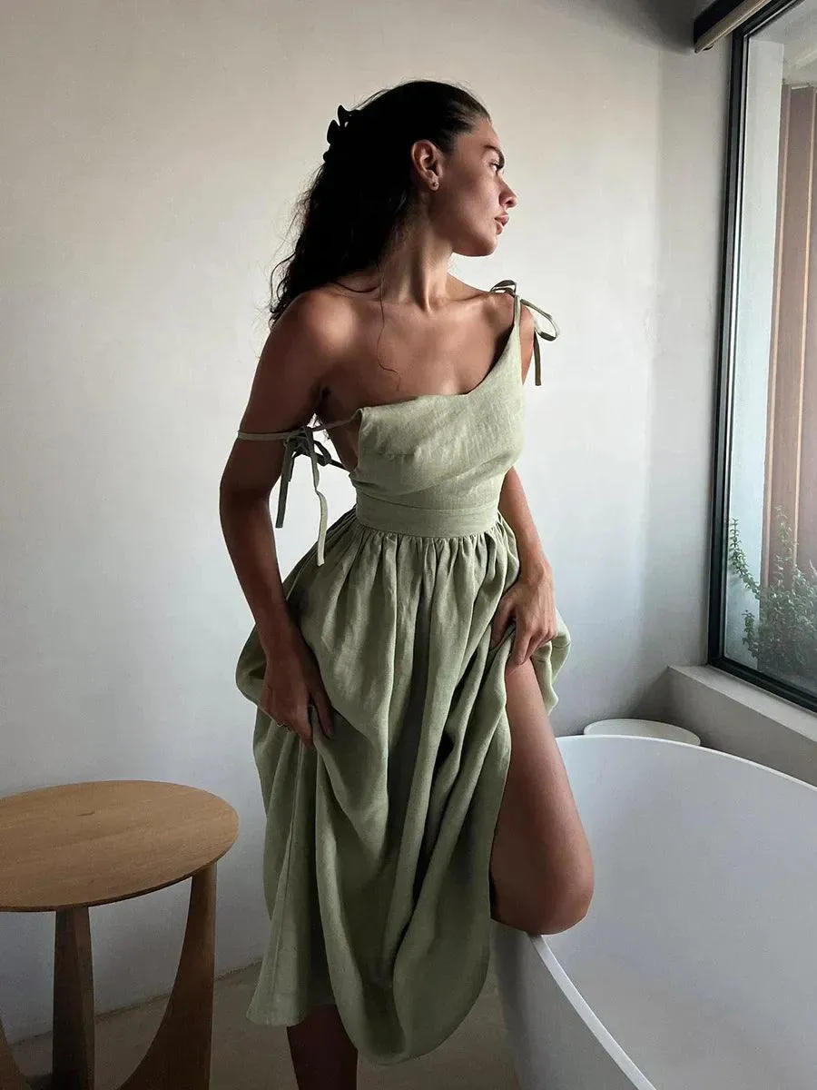 Spring Summer Beach Style Women Dress Vintage Loose A-line Sling Dress Hot Girl 100% Cotton V-neck Dress