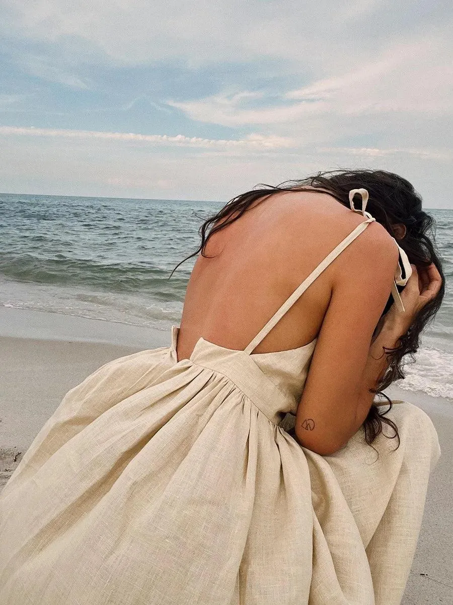 Spring Summer Beach Style Women Dress Vintage Loose A-line Sling Dress Hot Girl 100% Cotton V-neck Dress