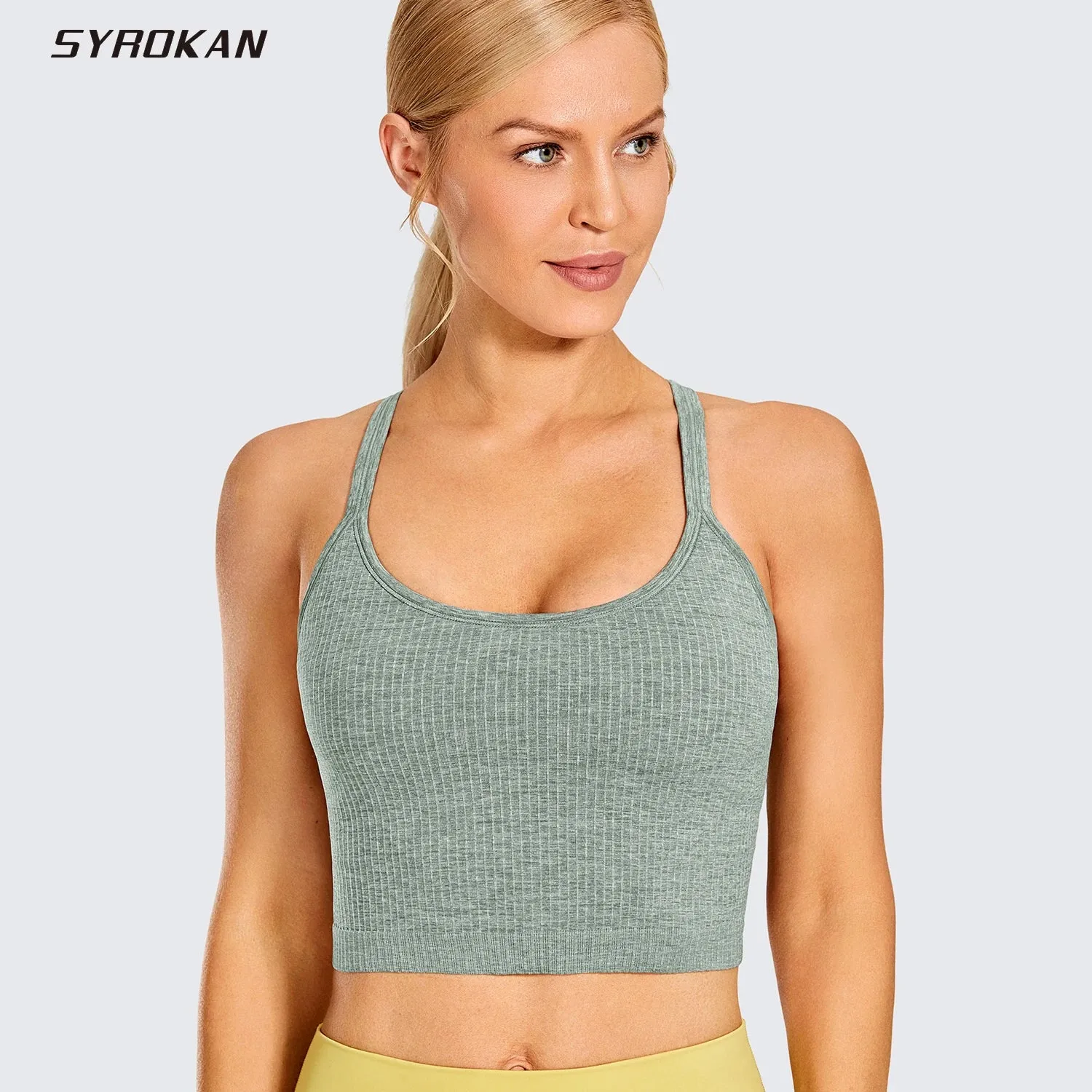 SYROKAN Women's Longline Sports Bra Padded Wireless Racerback Yoga Bras Crop Tank Tops