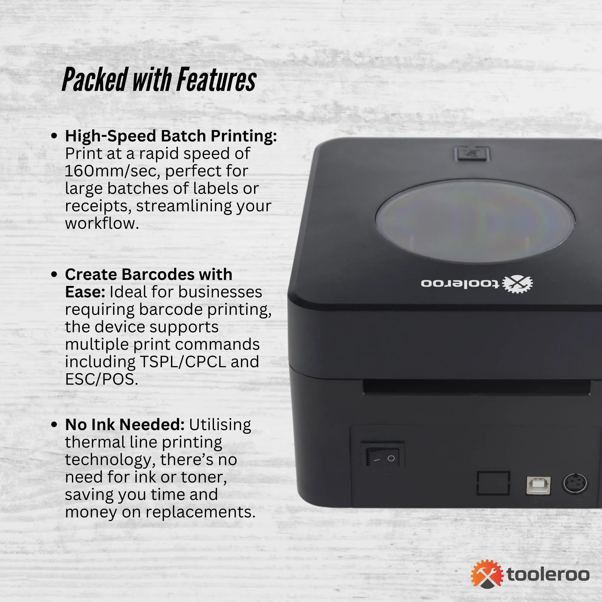 Tooleroo Bluetooth Thermal Label Printer - USB POS Receipt Shipping Printing