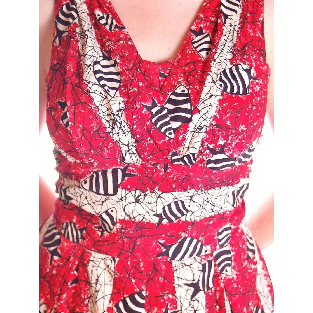 Vintage Culottes Dress Red/ Black Angel Fish Print Whimsical 1940s M-L