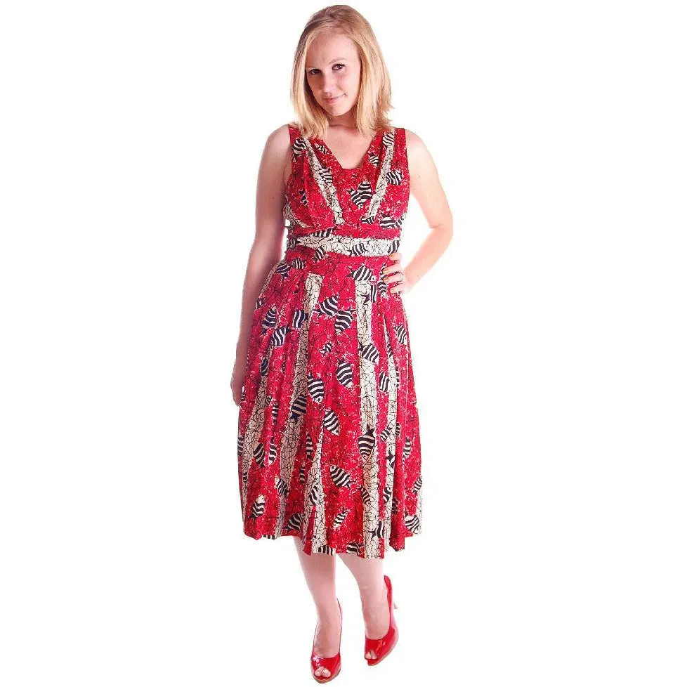 Vintage Culottes Dress Red/ Black Angel Fish Print Whimsical 1940s M-L
