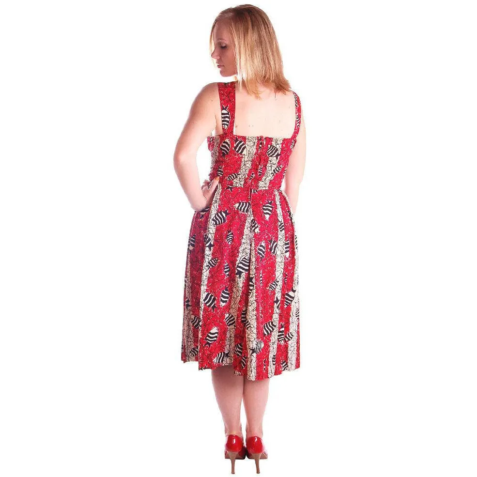 Vintage Culottes Dress Red/ Black Angel Fish Print Whimsical 1940s M-L