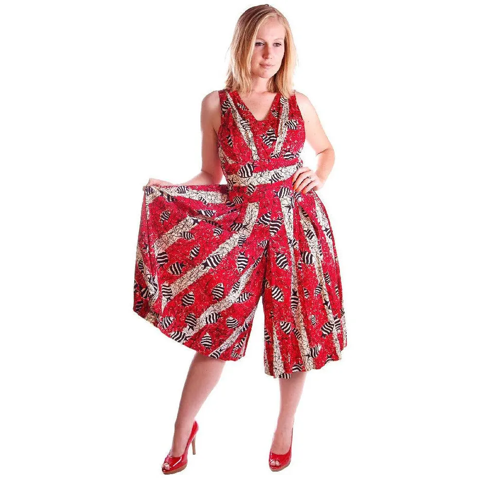 Vintage Culottes Dress Red/ Black Angel Fish Print Whimsical 1940s M-L