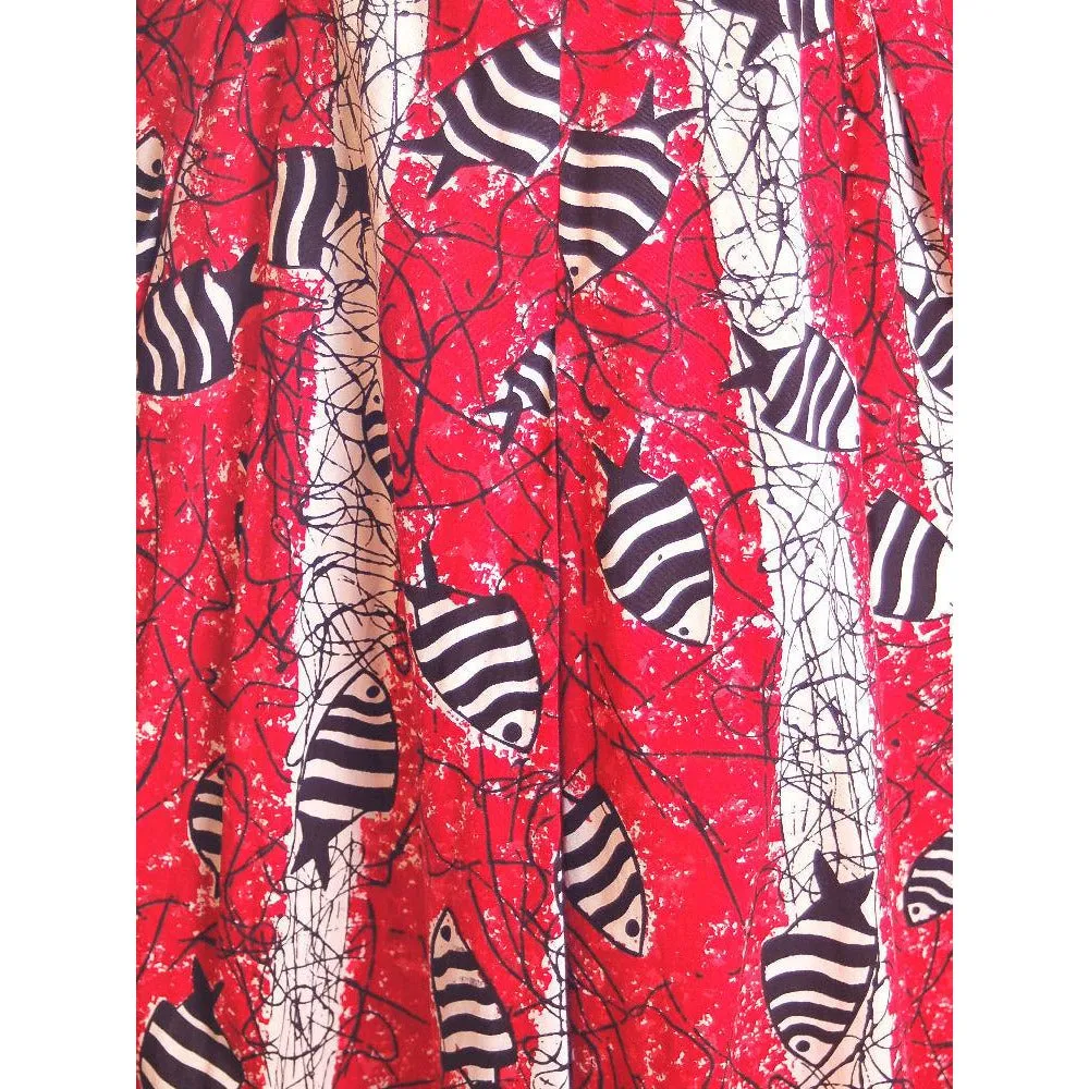 Vintage Culottes Dress Red/ Black Angel Fish Print Whimsical 1940s M-L