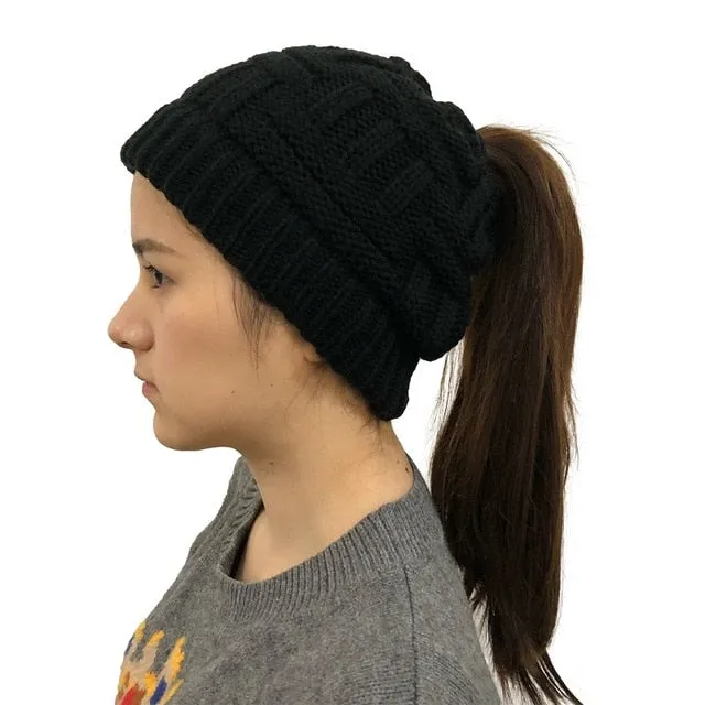 Women's Soft Knit Ponytail Beanie Winter Hat