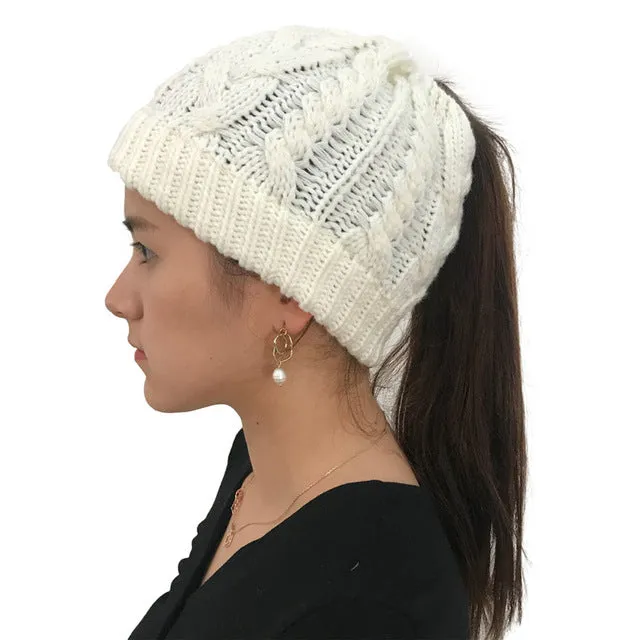 Women's Soft Knit Ponytail Beanie Winter Hat