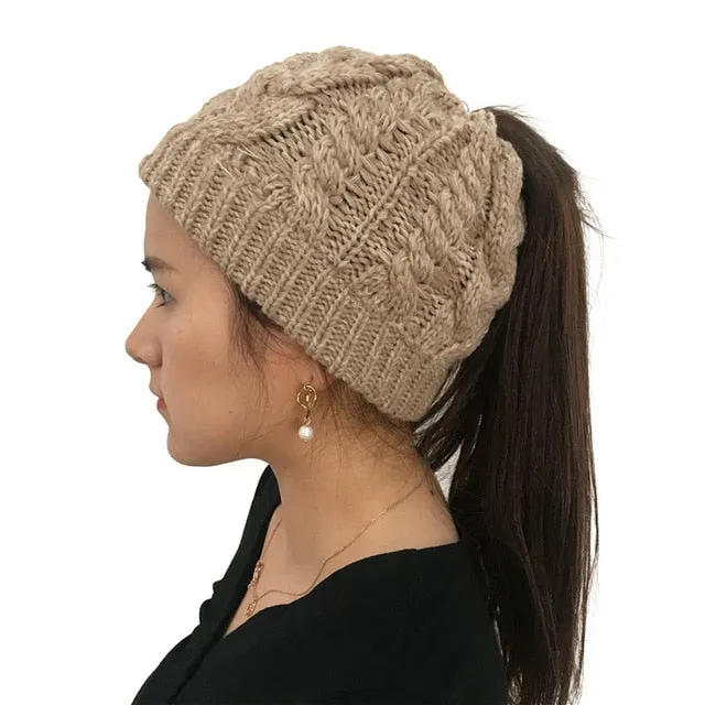 Women's Soft Knit Ponytail Beanie Winter Hat