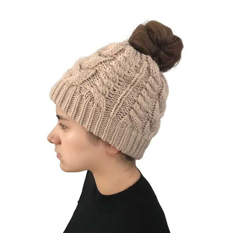 Women's Soft Knit Ponytail Beanie Winter Hat