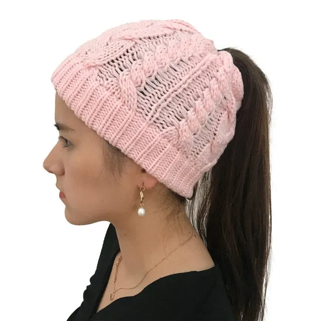 Women's Soft Knit Ponytail Beanie Winter Hat