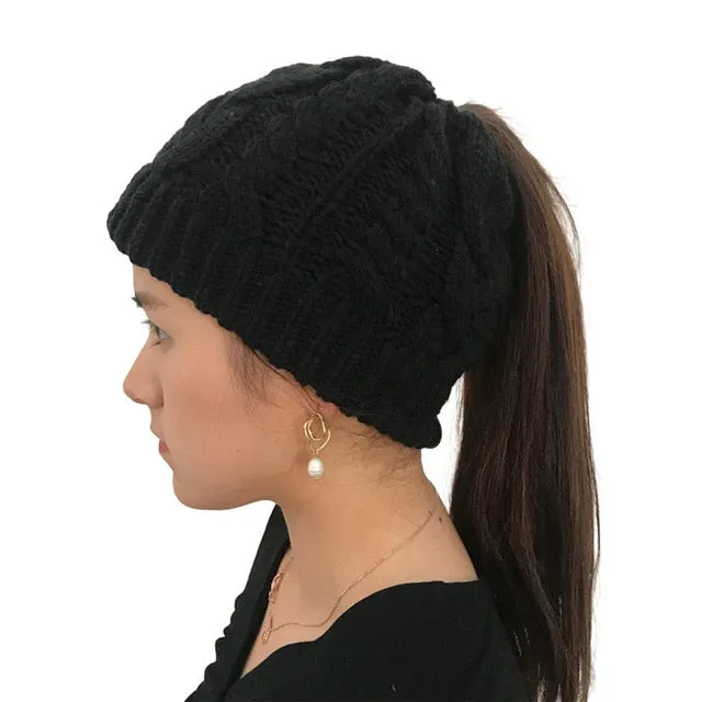 Women's Soft Knit Ponytail Beanie Winter Hat