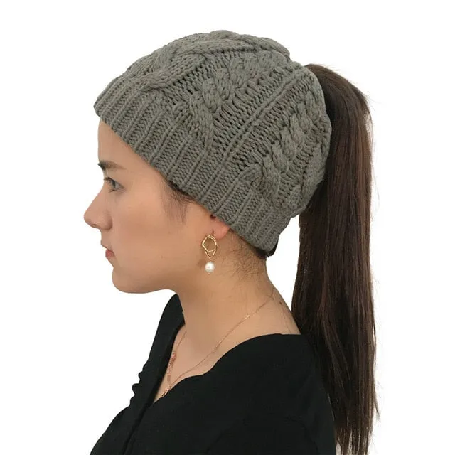 Women's Soft Knit Ponytail Beanie Winter Hat